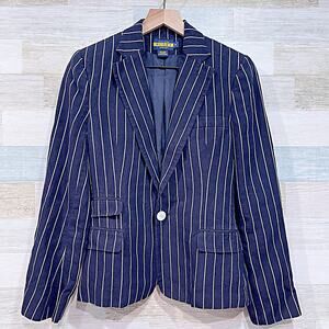 Ralph Lauren Linen Striped Rugby Blazer Blue One Button Ticket Pocket Womens 6